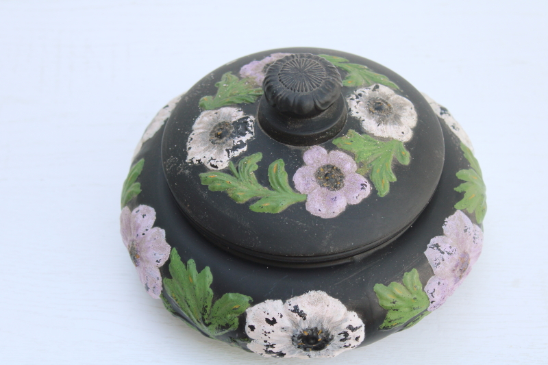vintage Tiffin poppy black satin glass jar, rare lavender hand painted poppies, art deco covered bowl
