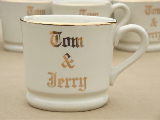 vintage Tom & Jerry eggnog cups, old Hall pottery mugs lettered in gold