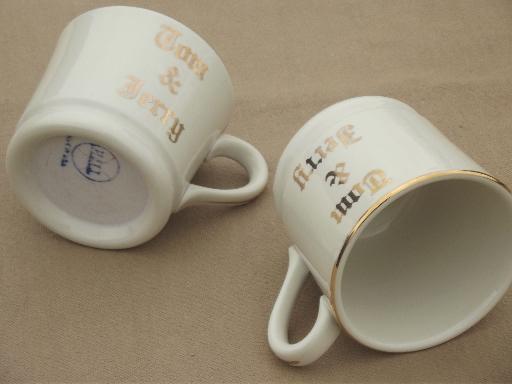 vintage Tom & Jerry eggnog cups, old Hall pottery mugs lettered in gold