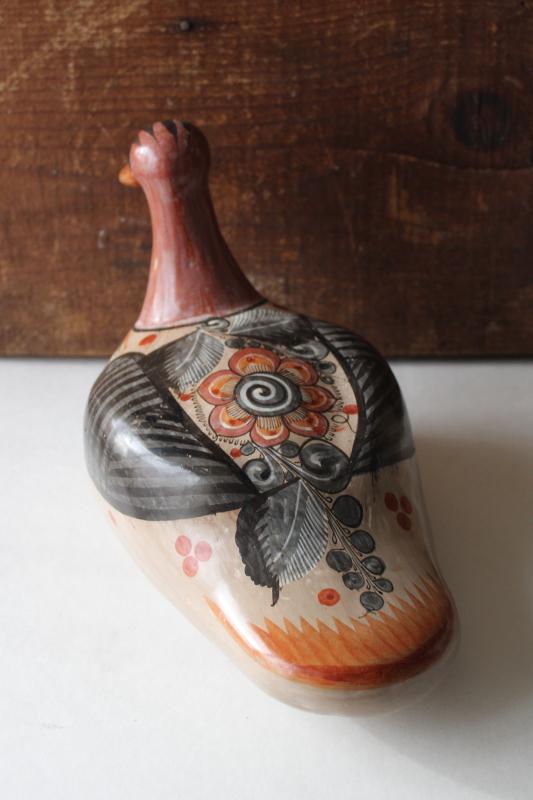 vintage Tonala Mexican pottery, duck decoy life size bird, hand painted burnished clay