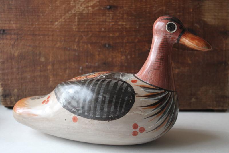 vintage Tonala Mexican pottery, duck decoy life size bird, hand painted burnished clay