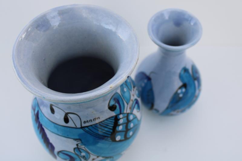 vintage Tonala Mexican pottery lot, hand painted blue butterflies & birds