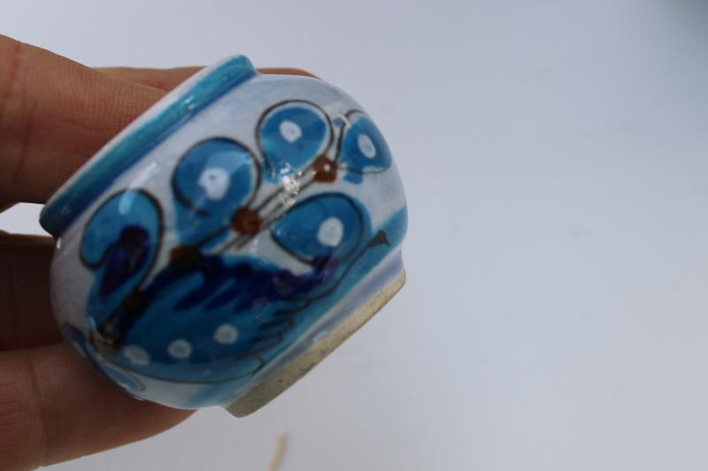 vintage Tonala Mexican pottery lot, hand painted blue butterflies & birds