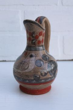 vintage Tonala Mexican pottery small pitcher souvenir, burnished clay w/ hand painted white dove