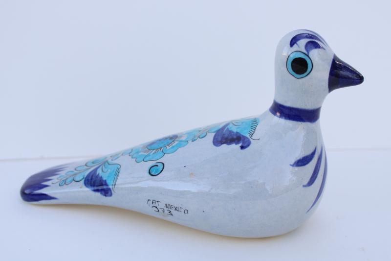 vintage Tonala blue bird, hand painted Mexican pottery, folk art from Mexico