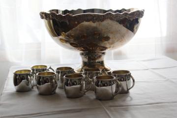 vintage Towle silver plate punch bowl & cups set, huge bowl & tiny mugs
