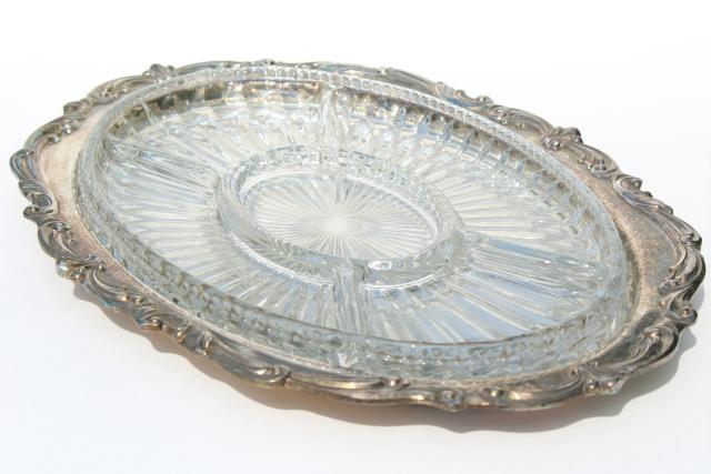 vintage Towle silver silverplate tray w/ glass relish dish, Old Master pattern
