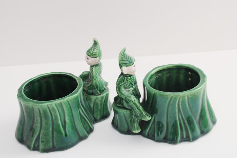 vintage Treasure Craft ceramic planters, tree stumps w/ forest or garden pixies