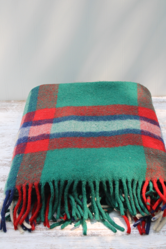 vintage Troy label pure wool blanket, warm thick green red plaid ...
