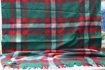 vintage Troy label pure wool blanket, warm thick green red plaid fringed throw