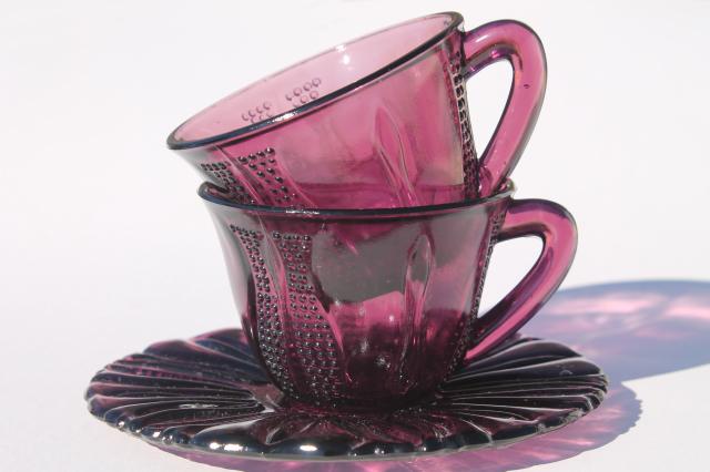 vintage Tulip Dell pattern glass dishes, amethyst purple colored glass plates, cups & saucers