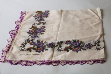 vintage Turkish head scarf shawl w/ handmade crochet lace edging, boho floral in purple!