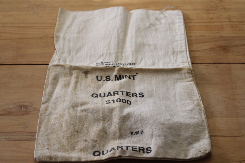 vintage US Mint cotton bag, 1000 dollars worth of quarters, tote for coin collectors stash sack