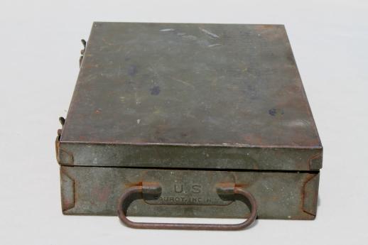 vintage US military document box, army green drab metal dispatch box for file papers