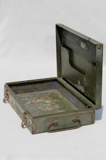 vintage US military document box, army green drab metal dispatch box for file papers