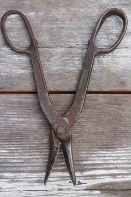 vintage USA made forged steel metal shears & tin snips, industrial metalworking tools