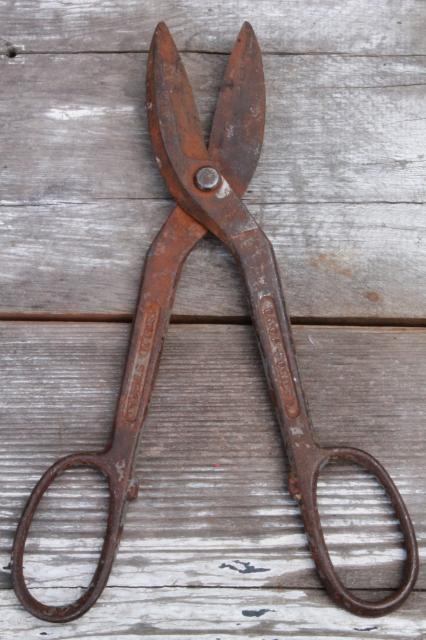 vintage USA made forged steel metal shears & tin snips, industrial metalworking tools