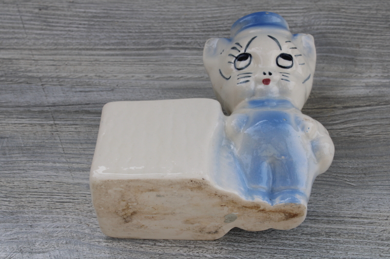 vintage USA pottery baby planter, boy kitty w/ long whiskers, blue overalls  cap