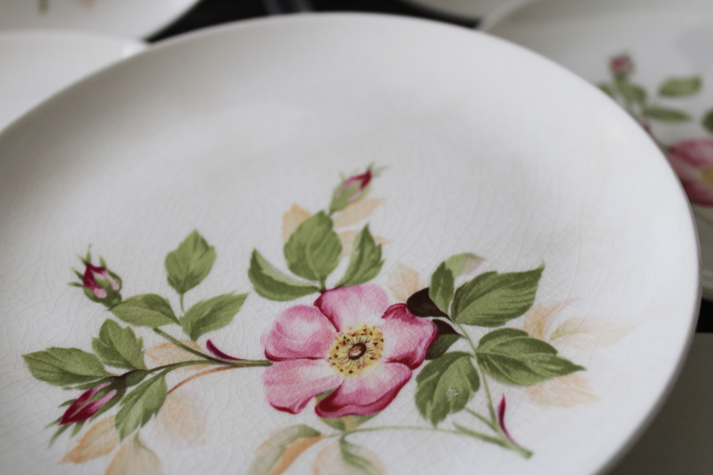 vintage USA pottery bread or dessert plates, pink wild roses floral china