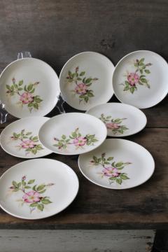 vintage USA pottery bread or dessert plates, pink wild roses floral china