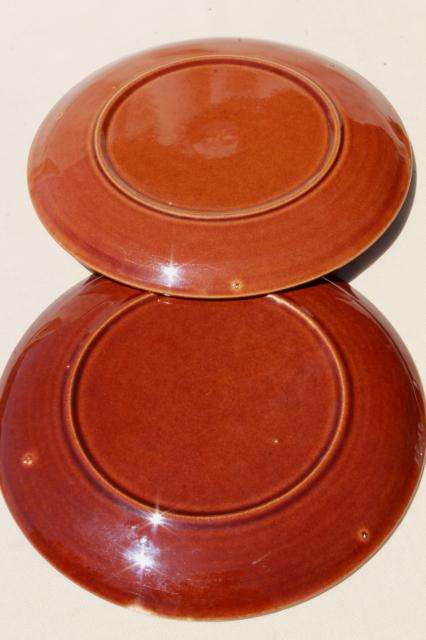 vintage USA pottery, brown drip glaze dinner plates lot of 4
