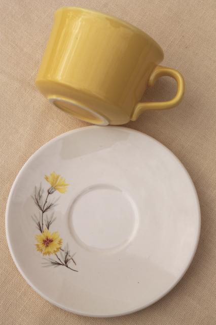vintage USA pottery, china cups & saucers and bowls, boutonniere yellow cornflower
