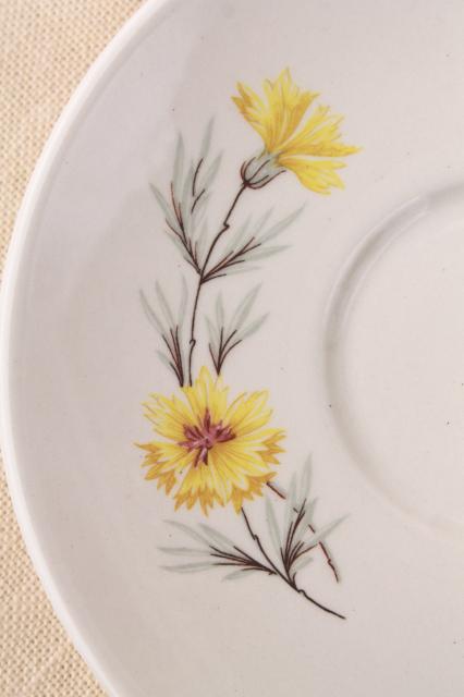 vintage USA pottery, china cups & saucers and bowls, boutonniere yellow cornflower