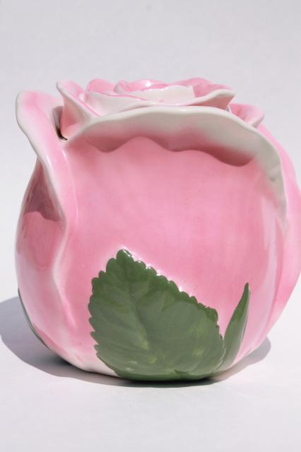 vintage USA pottery cookie jar, giant rosebud - pink rose ceramic canister