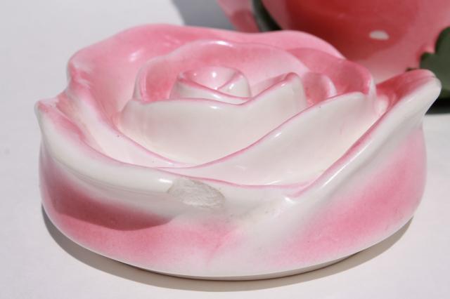 vintage USA pottery cookie jar, giant rosebud - pink rose ceramic canister