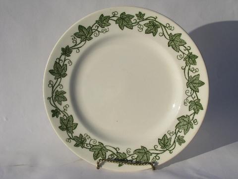 vintage USA pottery dinnerware set for 4, green ivy border dishes