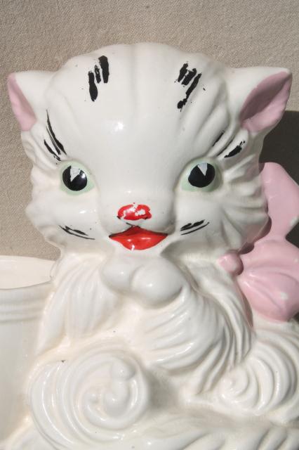 vintage USA pottery hand painted ceramic kitty, big wide eyed kitten w/ pink bow & planter pot