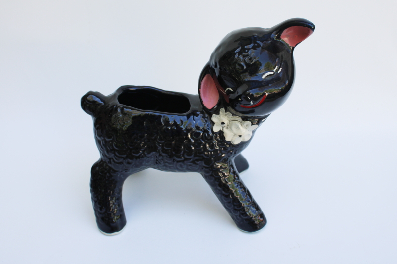 vintage USA pottery planter, little lamb smiley black sheep hand painted ceramic