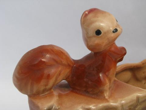 vintage USA pottery planter, small brown squirrel on woodland log