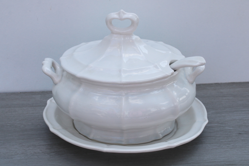 vintage USA pottery soup tureen w/ lid, underplate, ladle white ironstone look ceramic