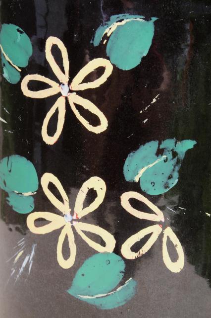 vintage USA pottery stoneware crock cookie jar, glossy black w/ folk art flowers