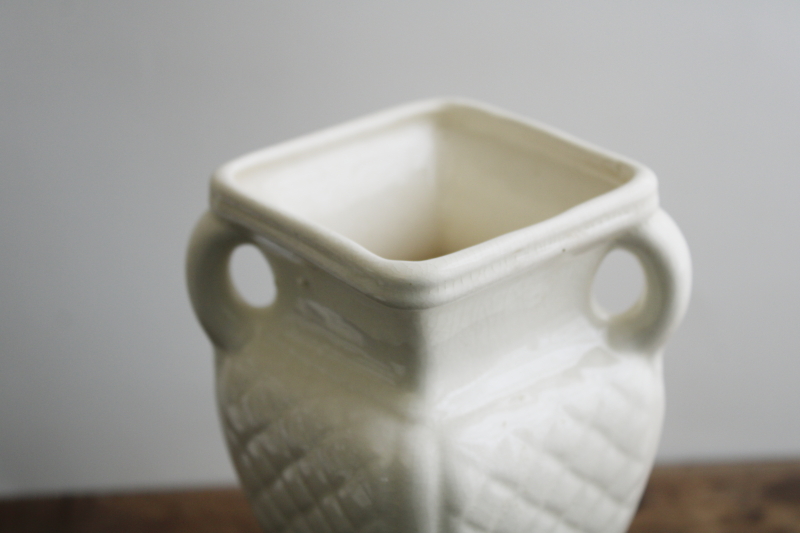 vintage USA pottery vase ivory white glaze, quilted pattern squared urn shape w/ tiny handles