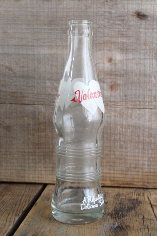 vintage Valentine's soda red & white hearts advertising, old glass pop bottle