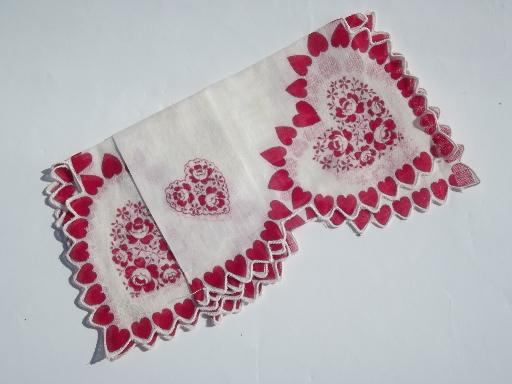 vintage Valentine's Day print cotton handkerchief, red hearts hanky