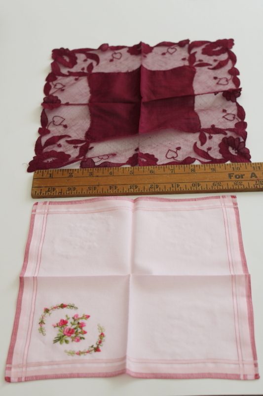 vintage Valentines day hankies, embroidered flowers on pink, burgundy cotton heart lace