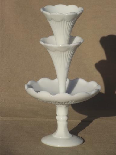 vintage Vallerysthal milk glass epergne, French flower vase w/ two horns