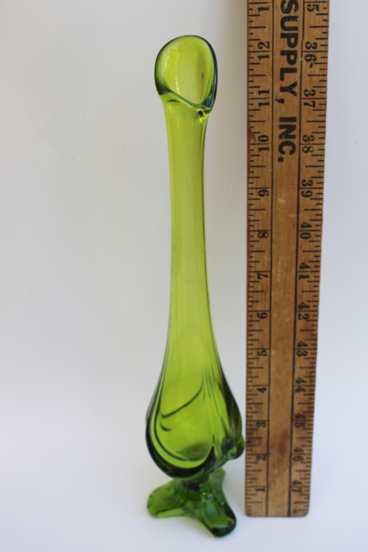vintage Viking art glass swung vase, Epic drape retro moss lime green glass bud vase