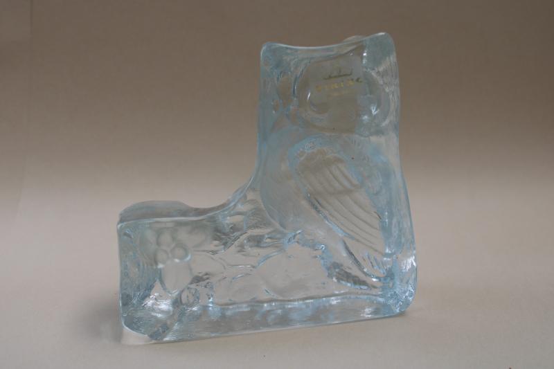 vintage Viking label owl crystal clear art glass paperweight or book end