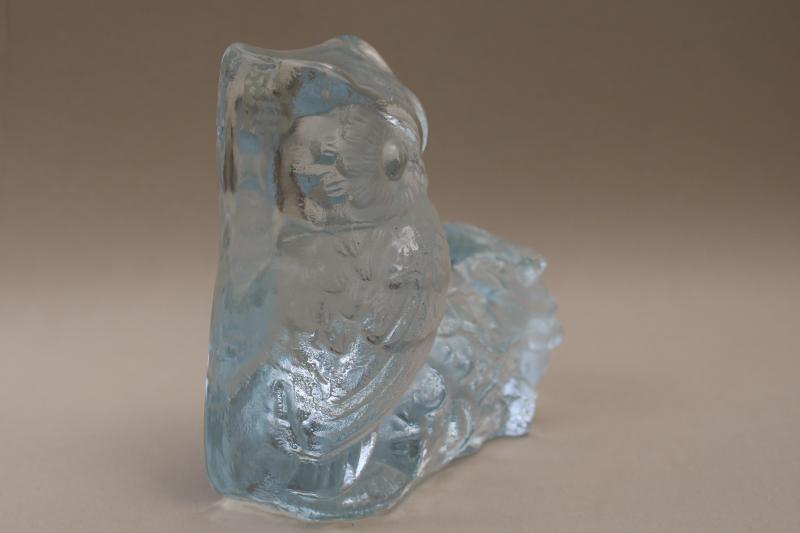 vintage Viking label owl crystal clear art glass paperweight or book end