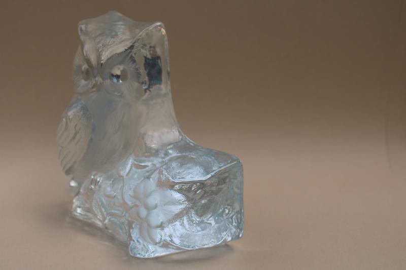 vintage Viking label owl crystal clear art glass paperweight or book end