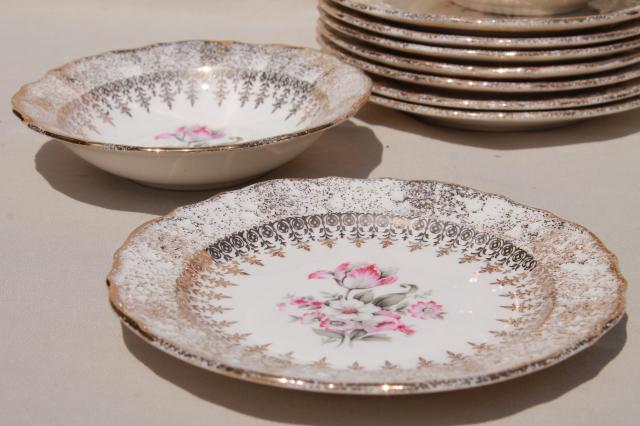 vintage Vogue china small bowls & plates, pink & grey tulips embossed border w/ gold