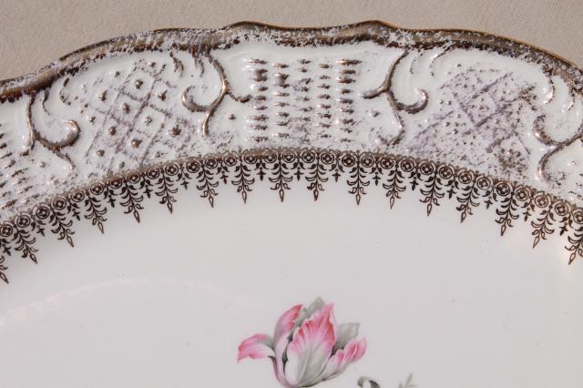 vintage Vogue china tea cups & saucers & platter, pink & grey tulips embossed border w/ gold