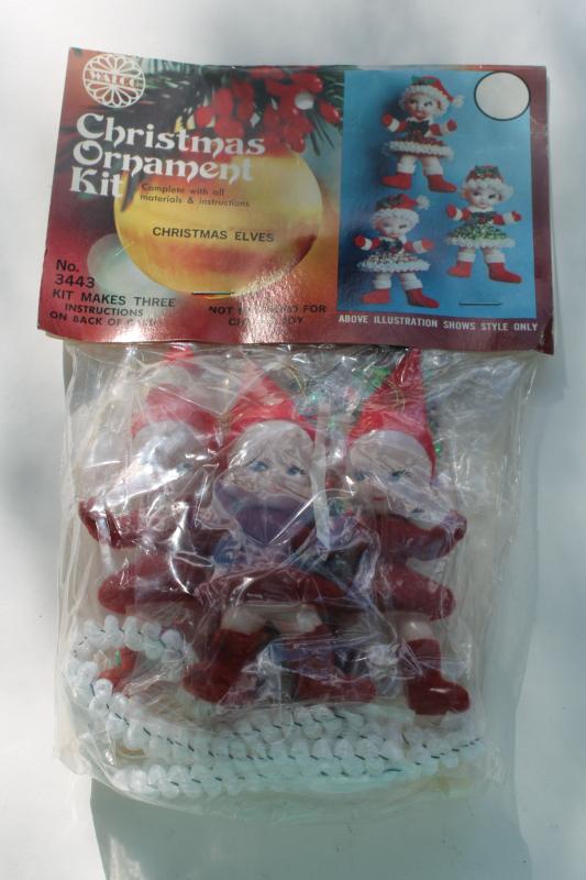 vintage Walco sealed kit Christmas ornaments flocked sequins beaded elves pixie girls