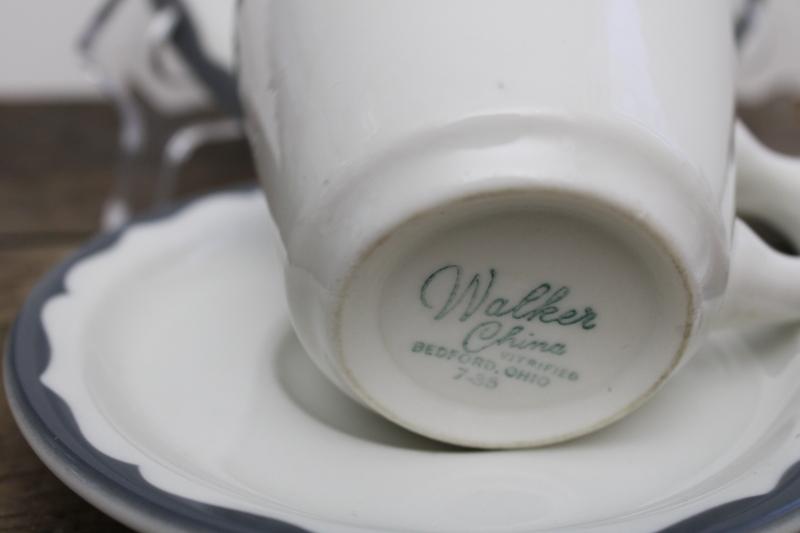 vintage Walker restaurant china cups saucers plates, heavy white ironstone w/ grey border