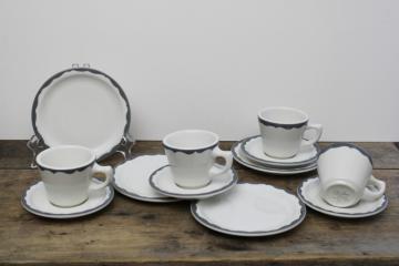 vintage Walker restaurant china cups saucers plates, heavy white ironstone w/ grey border