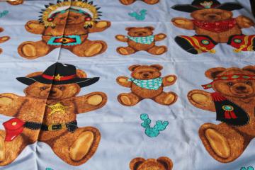 vintage Wamsutta cotton fabric, old west Indian chief, sheriff, cowboys teddy bears print